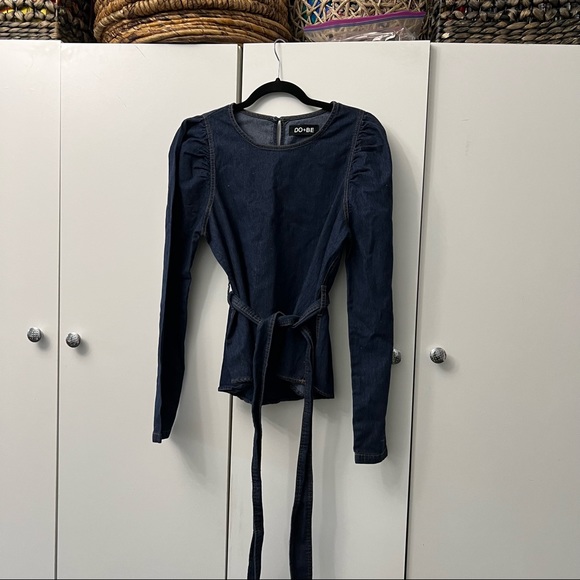 Dark Wash Denim Puff-Sleeve Long Belted Contrast Stitching Shirt Top Blouse Sz M - Picture 8 of 14